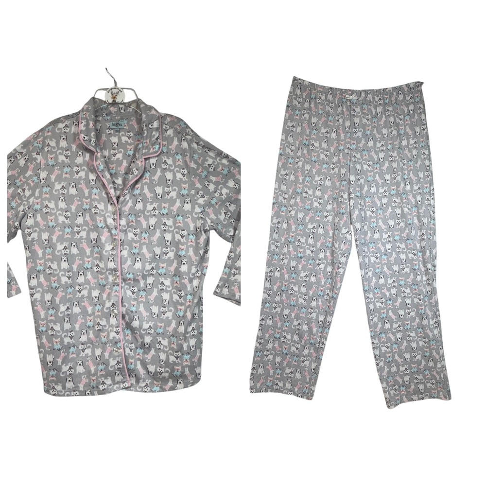 BH PJs‎ Womens L Gray Pink Dog Cat Print Pajama Set Sleepwear Loungewear